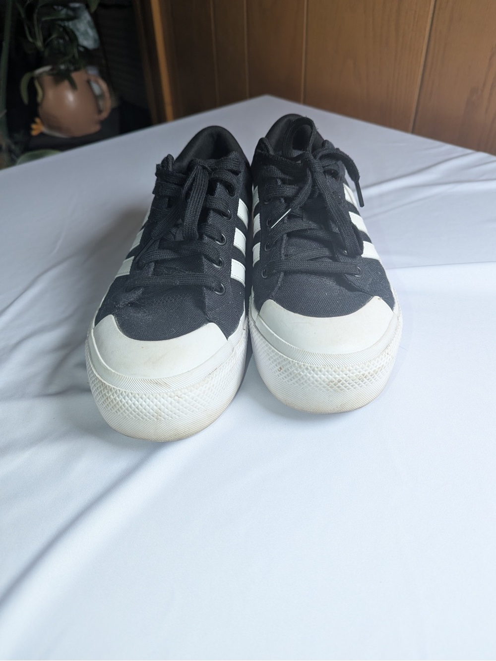 Adidas women’s Black Canvas Low-Top Sneakers with White Stripes - Picture 5 of 7